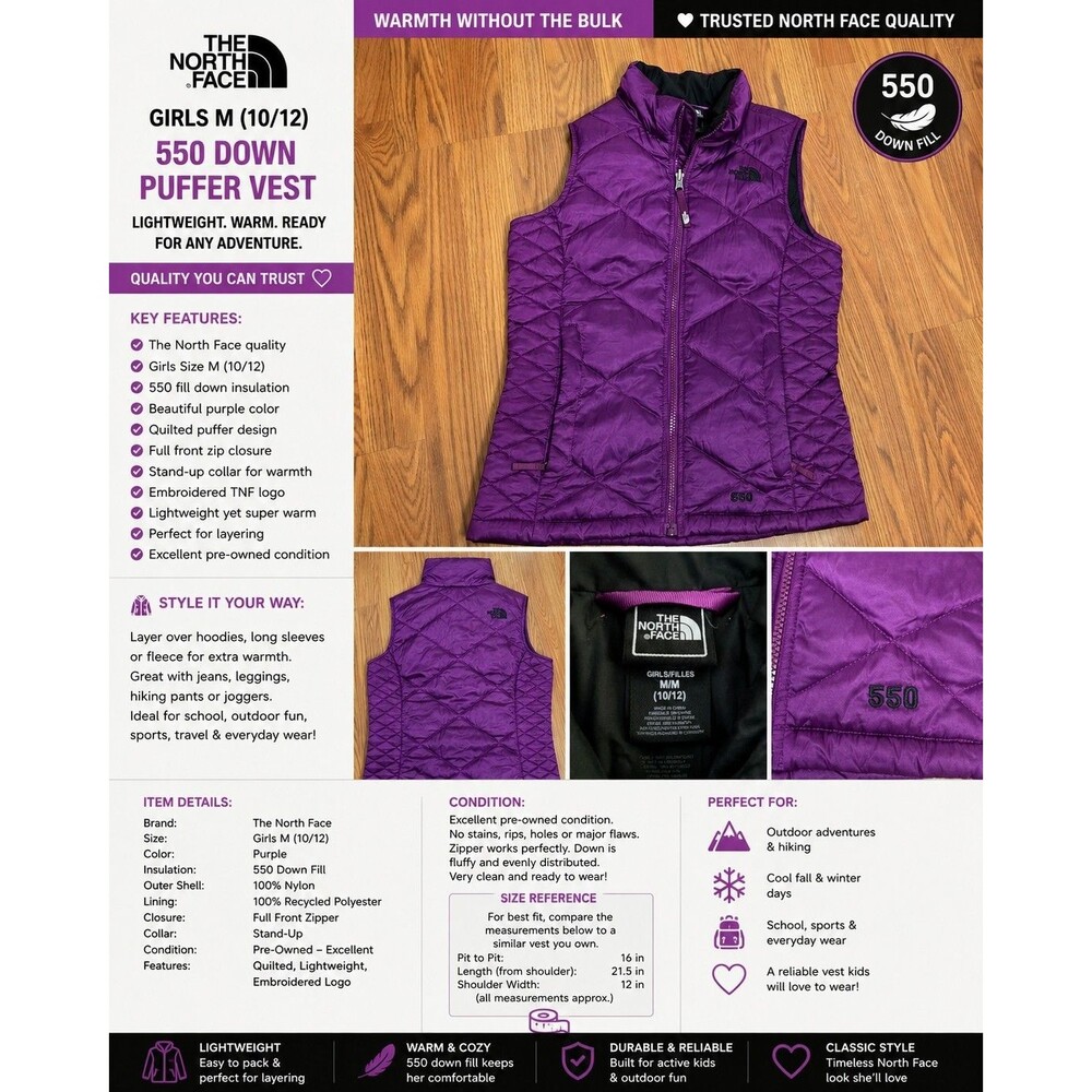 The North Face Girls M 10/12 Purple 550 Down Puffer Vest Quilted Full Zip